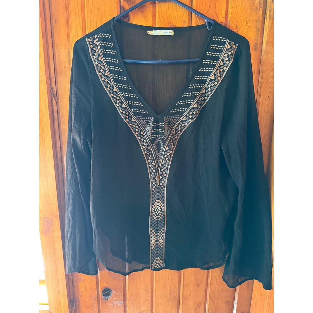 Maurices Black Embroidered‎ Sheer Long Sleeve Blouse Top Size M